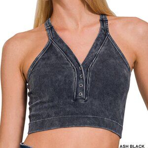 NWT WASHED RIBBED CROPPED BUTTON V-NECK TANK TOP - Ash Black